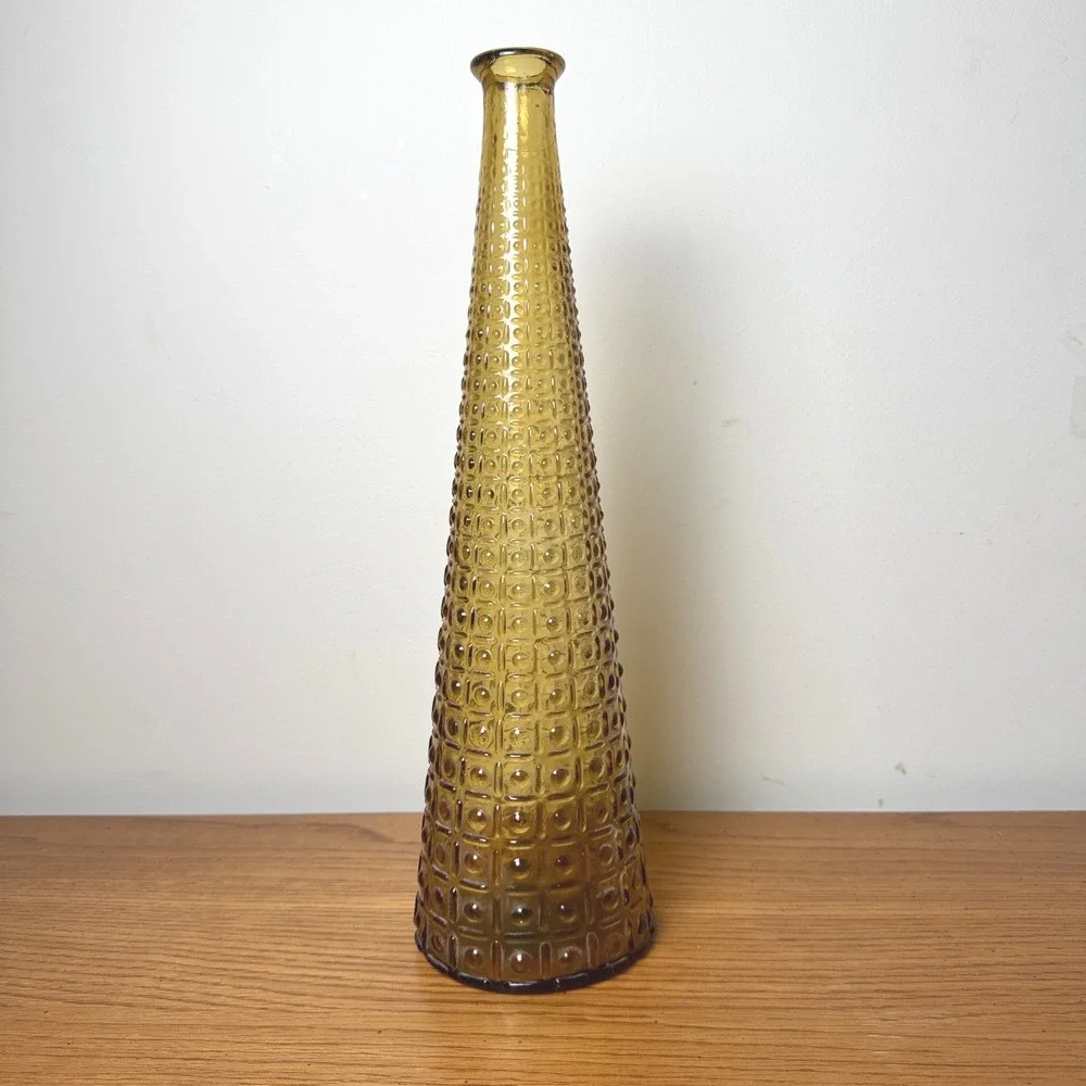 Vintage Tall Empoli Genie Amber Glass Bottle Decanter Italy Vase Embossed MCM‎